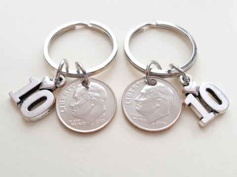 10 Year Anniversary Gift • Double Keychain Set Dime Keychains w/ Number 10 Charm by Jewelry Everyday