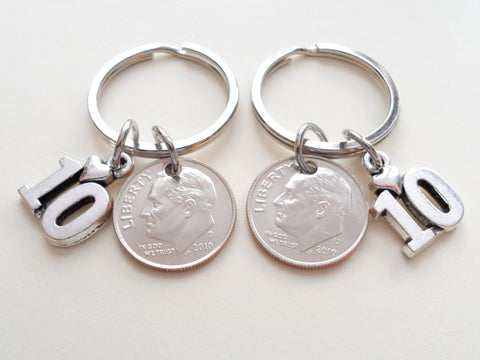10 Year Anniversary Gift • Double Keychain Set 2012 Dime Keychains w/ Number 10 Charm by Jewelry Everyday