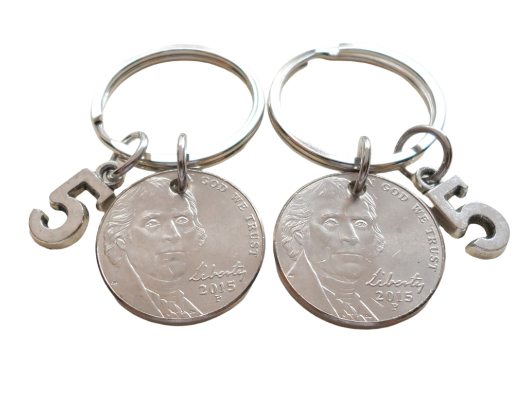 5 Year Anniversary Gift • Double Keychain Set 2016 Nickel Keychains w/ Number 5 Charm by Jewelry Everyday