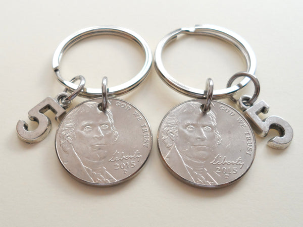 5 Year Anniversary Gift • Double Keychain Set Nickel Keychains w/ Number 5 Charm by Jewelry Everyday