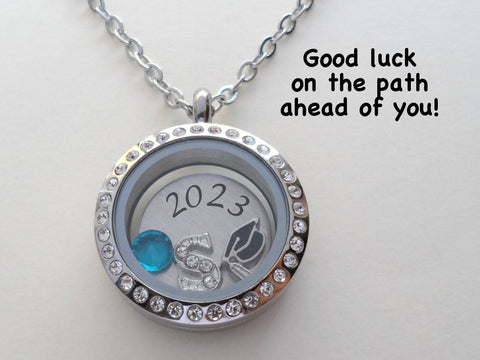 Personalized 25mm Circle Class of 2023 Graduate Floating Locket Necklace w/ Clear Crystal Edge for Graduation with Letter & Birthstone Charm - by Jewelry Everyday