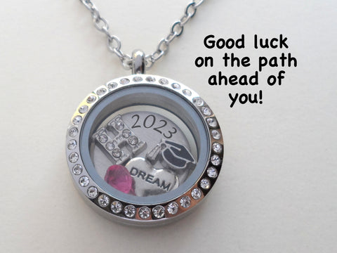 Personalized Graduation Floating Charm Locket Necklace w/ 2023 Disc, Graduate Cap, Dream Heart, Letter and Birthstone Charm - by Jewelry Everyday