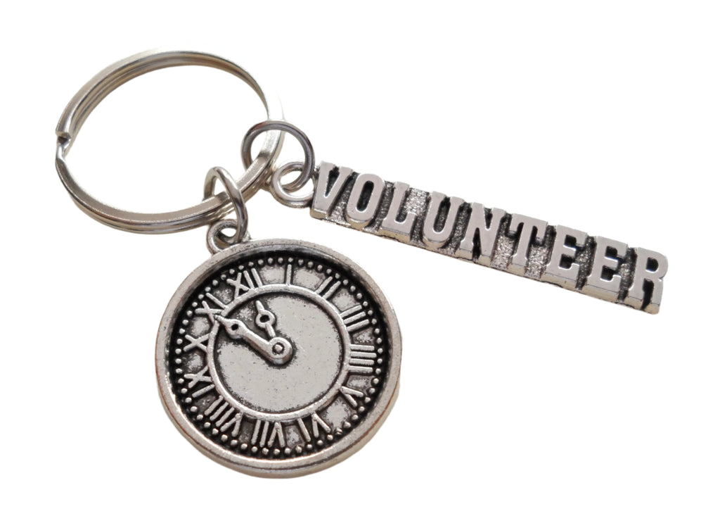 Volunteer Appreciation Gifts • Silver Clock & Volunteer Charm Keychain by JewelryEveryday w/ "Thanks for giving us your time!" Card