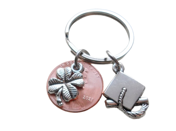 2023 Graduation Gift • 2023 Penny w/ Clover and Cap Charms + Cute Quote