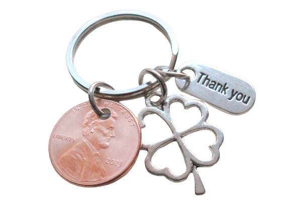 Employee, Volunteer or Teacher Appreciation Keychain, 2024 Penny, Clover Charm, and Thank You Charm Keychain