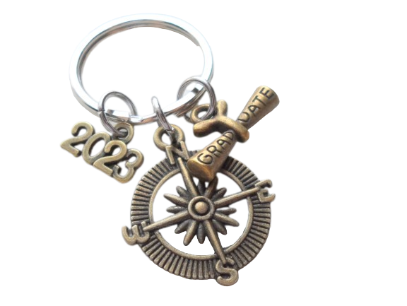 Custom Graduation Bronze Compass Charm Keychain with Graduate Scroll Charm, Class of 2022 or 2023 Personalized Graduate Keychain, Gift for Graduate