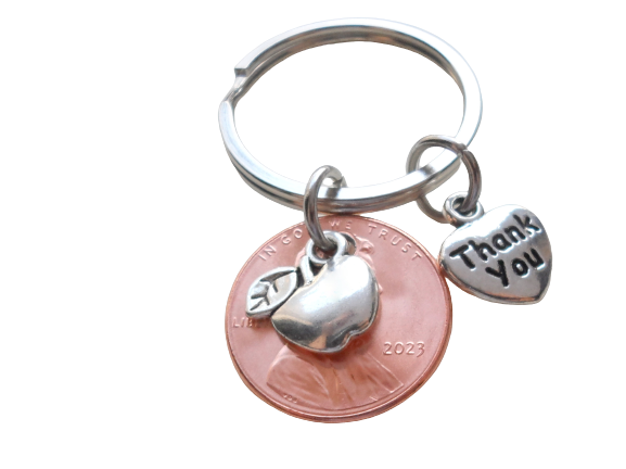 Teacher or School Employees or Volunteer Appreciation Keychain, 2023 Penny, Apple Charm, and Thank You Charm Keychain