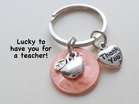 Teacher or School Employees or Volunteer Appreciation Keychain, 2023 Penny, Apple Charm, and Thank You Charm Keychain