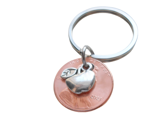 Teacher Appreciation Gifts • 2023 Penny & Apple Charm Keychain w/ "Lucky to have you for a teacher!" Card by JewelryEveryday