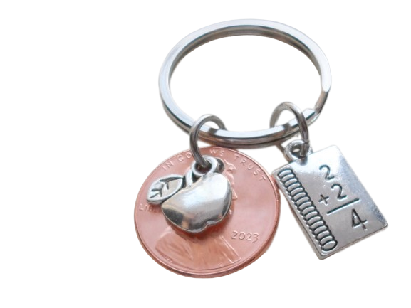 Teacher Appreciation Gifts • 2023 Penny & Apple & Math Worksheet Charms by JewelryEveryday w/ "Lucky to have you for a teacher!" Card