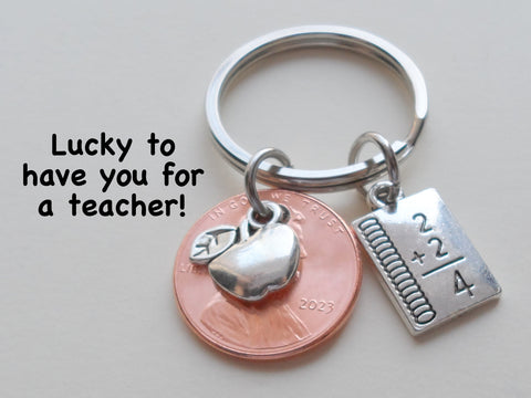 Teacher Appreciation Gifts • 2023 Penny & Apple & Math Worksheet Charms by JewelryEveryday w/ "Lucky to have you for a teacher!" Card