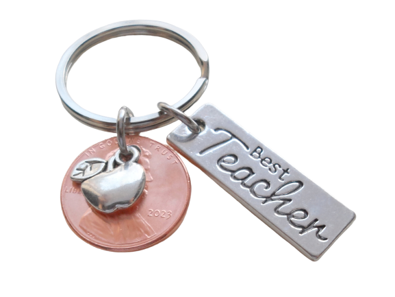 Teacher Appreciation Gifts • 2023 Penny & Apple & Best Teacher Charms by JewelryEveryday w/ "Lucky to have you for a teacher!" Card