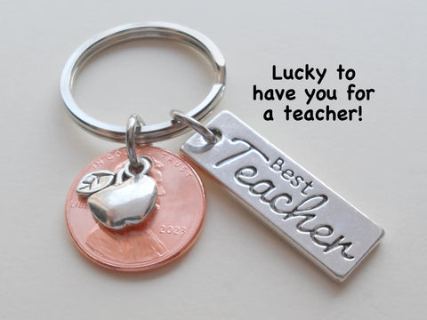 Teacher Appreciation Gifts • 2023 Penny & Apple & Best Teacher Charms by JewelryEveryday w/ "Lucky to have you for a teacher!" Card