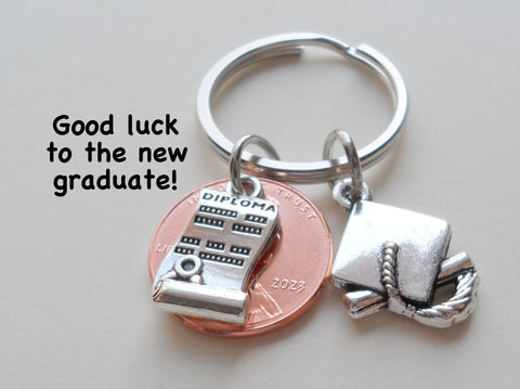 Diploma Charm Layered Over 2023 Penny Keychain - Good Luck to the New Graduate; Hand Made; Graduation Gift