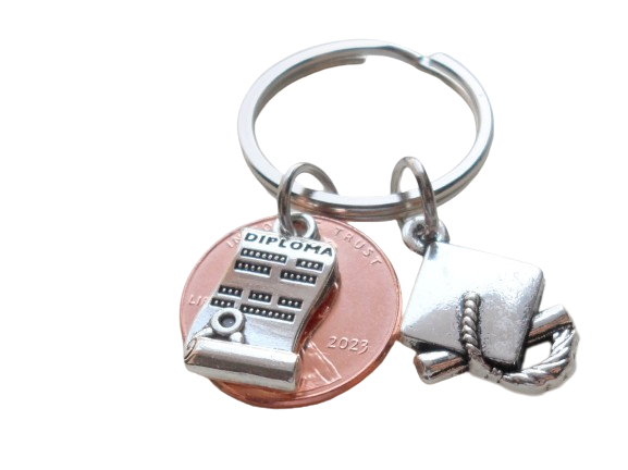 Diploma Charm Layered Over 2023 Penny Keychain - Good Luck to the New Graduate; Hand Made; Graduation Gift