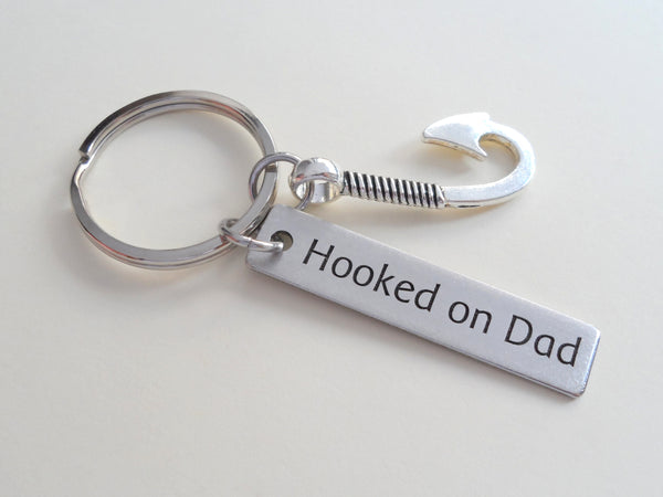 Hooked on Dad Engraved Steel Keychain Tag with Fish Hook Charm