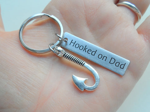 Hooked on Dad Engraved Steel Keychain Tag with Fish Hook Charm