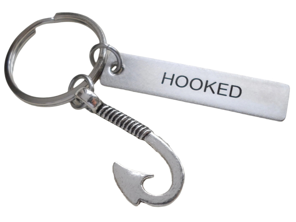 Stainless Steel Keychain Tag Engraved with "Hooked" and Fish Hook Charm; Couples Keychain