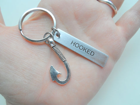 Stainless Steel Keychain Tag Engraved with "Hooked" and Fish Hook Charm; Couples Keychain