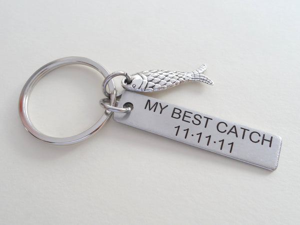 Stainless Steel Keychain Tag Custom Engraved With a Fish Charm; Couples Keychain
