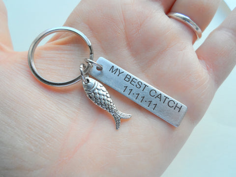 Stainless Steel Keychain Tag Custom Engraved With a Fish Charm; Couples Keychain
