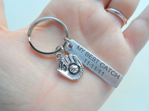 Personalized "My Best Catch" Engraved on Stainless Steel Tag Keychain and Baseball Mitt Charm Keychain; Couples Keychain, Customized