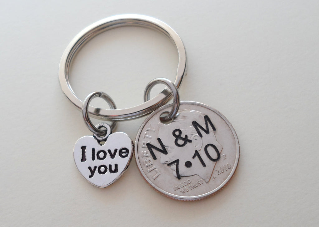 10 Year Anniversary Gift • 2011 Dime Keychain w/ I love You Charm by Jewelry Everyday, Custom Options