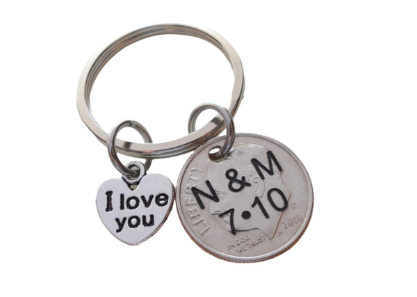 10 Year Anniversary Gift • Dime Keychain w/ I love You Charm by Jewelry Everyday, Custom Options