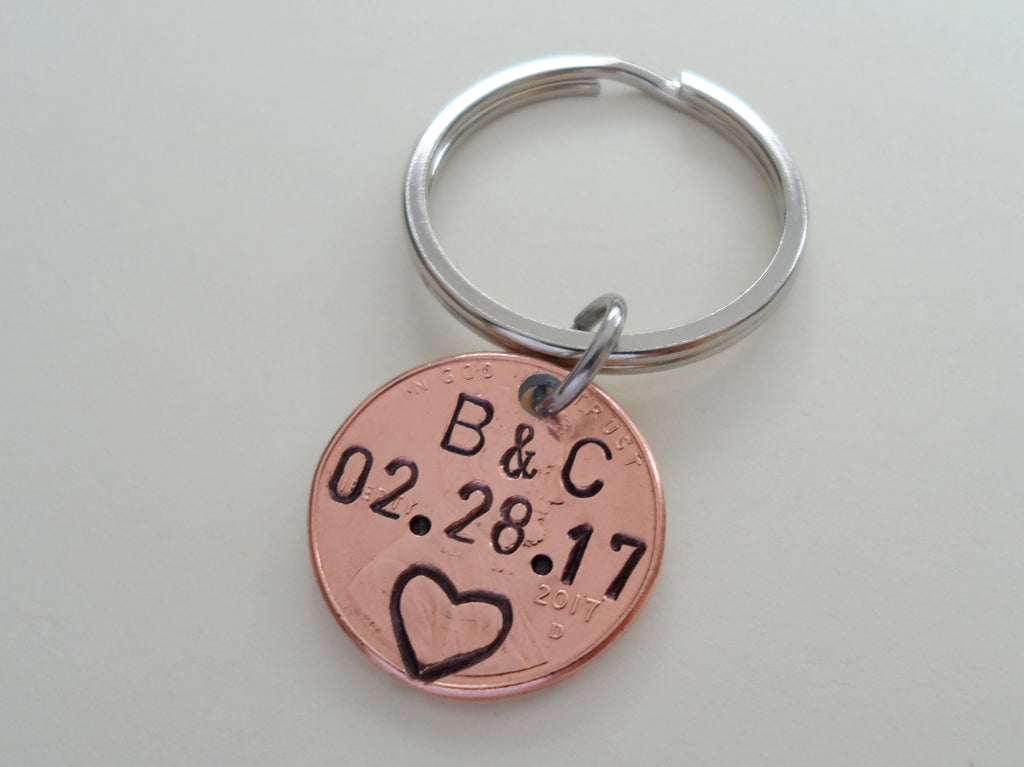 Anniversary Gift • Personalized Penny Keychain Stamped w/ Initials & Anniversary Date & Heart at Bottom