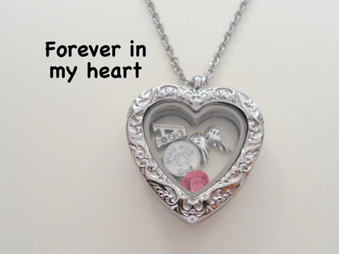 Personalized "Forever in My Heart" Stainless Steel Large Heart Locket Necklace w/ Silver Design for Baby Loss Memorial - by Jewelry Everyday