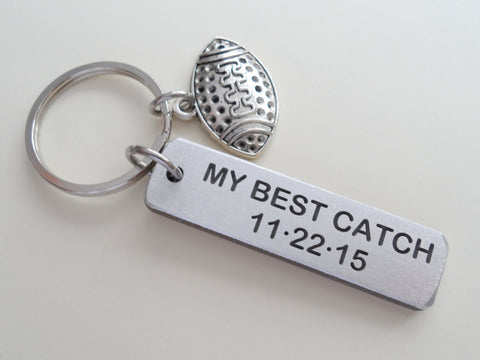 Custom Engraved Aluminum Keychain Tag with Football Charm; Couples Keychain