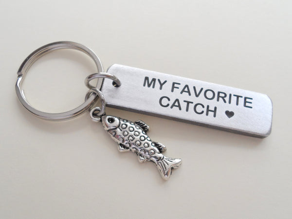 Fish Keychain with My Favorite Catch Engraved Aluminum Tag; Couples Keychain, Personalized Option