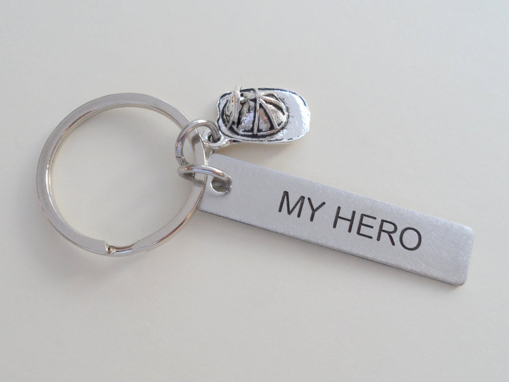 Firefighter Hat "My Hero" Keychain, Engraved Steel Tag Keychain