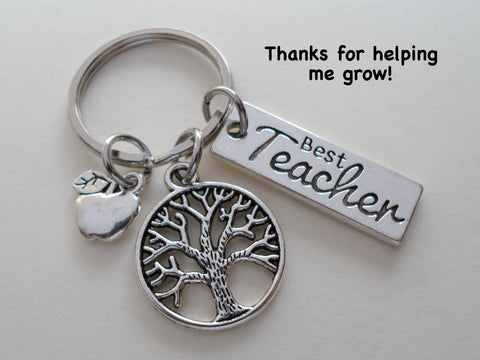 Teacher Appreciation Gifts • "Best Teacher" Charm, Tree & Apple Charm Keychain by JewelryEveryday w/ "Thanks for helping me grow!" Card