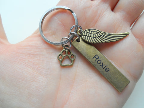 Bronze Charm Dog Memorial Keychain • Custom Engraved Tag with Wing & Paw Charm | JE