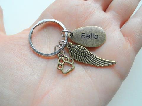 Bronze Charm Dog Memorial Keychain • Custom Engraved Teardrop Shaped Tag with Wing & Paw Charm | JE