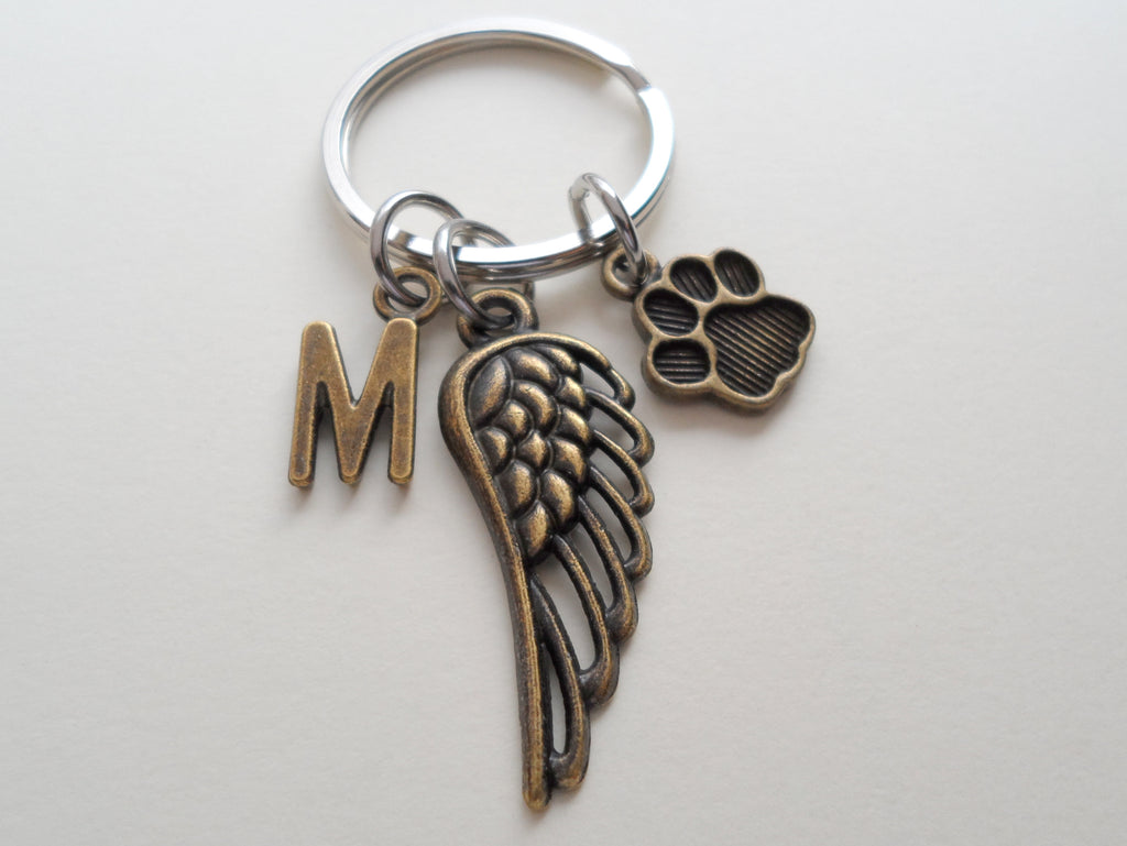 Bronze Dog Memorial Keychain With Custom Letter Charm Options • Cute Wing and Paw Charm | JE