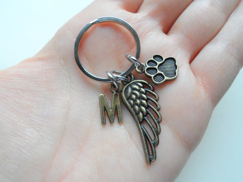 Bronze Dog Memorial Keychain With Custom Letter Charm Options • Cute Wing and Paw Charm | JE
