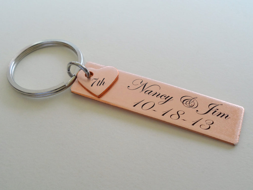 Custom Engraved Copper Rectangle Tag Keychain with Heart, Anniversary Gift Couples Keychain