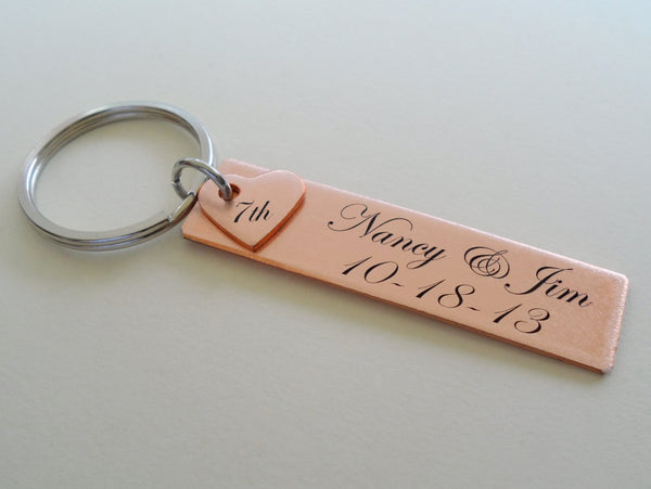 Custom Engraved Copper Rectangle Tag Keychain with Heart, Anniversary Gift Couples Keychain