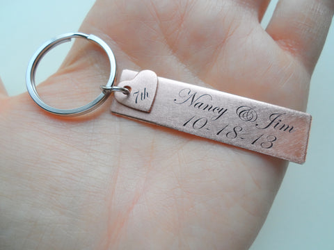 Custom Engraved Copper Rectangle Tag Keychain with Heart, Anniversary Gift Couples Keychain