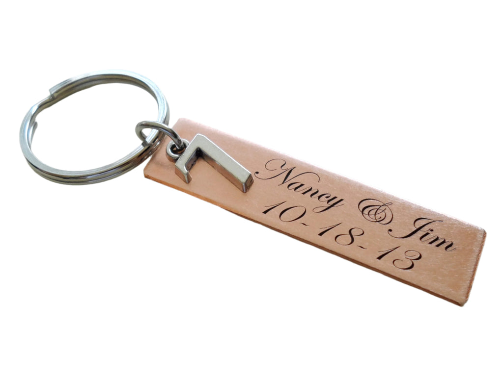 Custom Engraved Copper Rectangle Tag Keychain with 7 Charm, 7 Year Anniversary Gift Couples Keychain