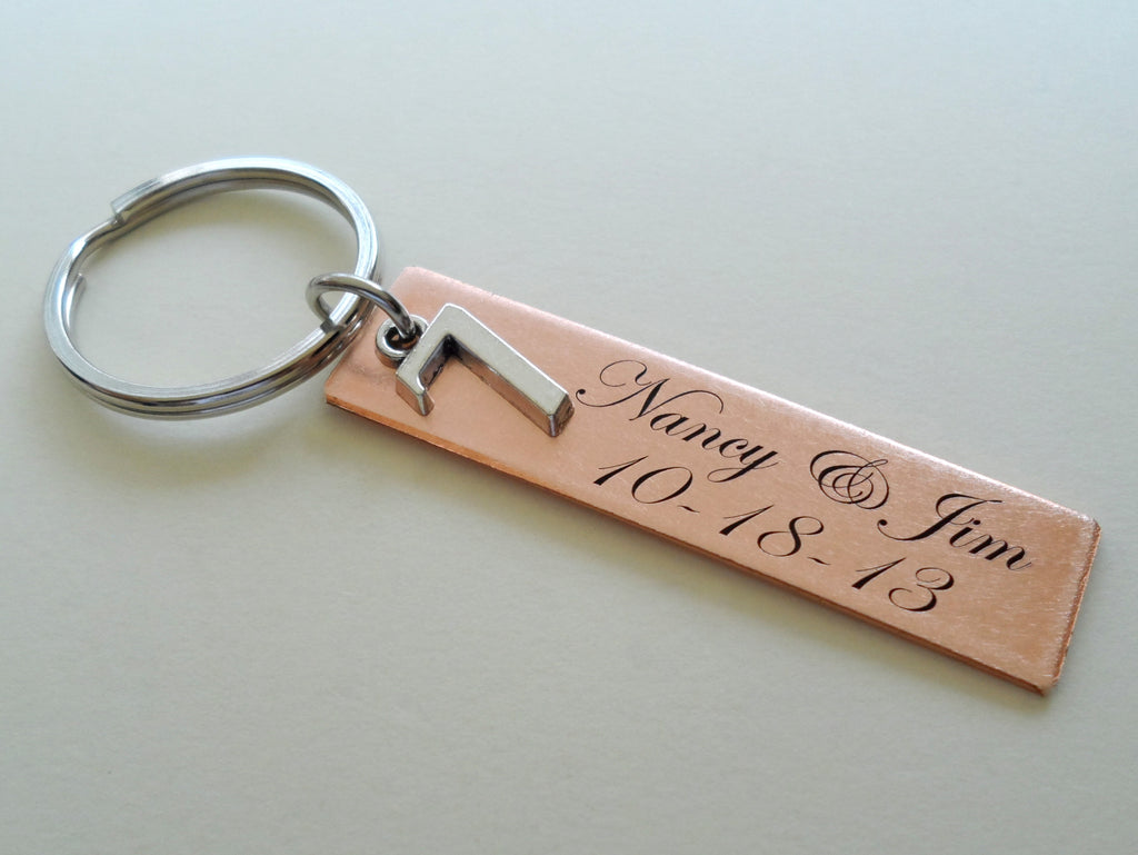Custom Engraved Copper Rectangle Tag Keychain with 7 Charm, 7 Year Anniversary Gift Couples Keychain