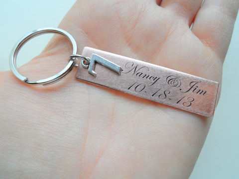 Custom Engraved Copper Rectangle Tag Keychain with 7 Charm, 7 Year Anniversary Gift Couples Keychain