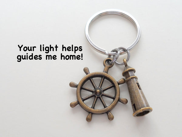 Bronze Lighthouse Keychain With Ships Helm - "Your Light Helps Guide Me Home"