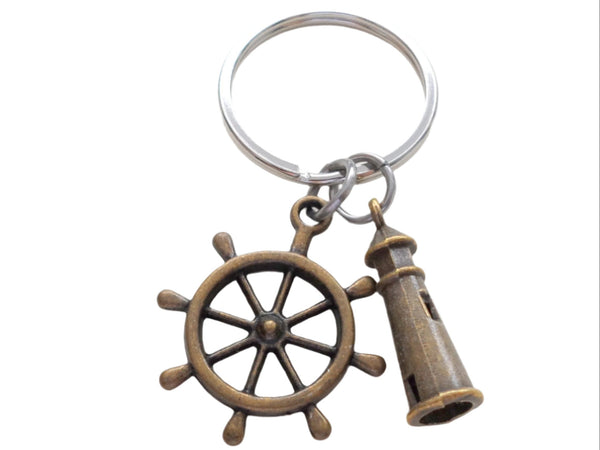 Bronze Lighthouse Keychain With Ships Helm - "Your Light Helps Guide Me Home"