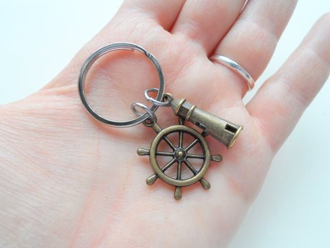 Bronze Lighthouse Keychain With Ships Helm - "Your Light Helps Guide Me Home"