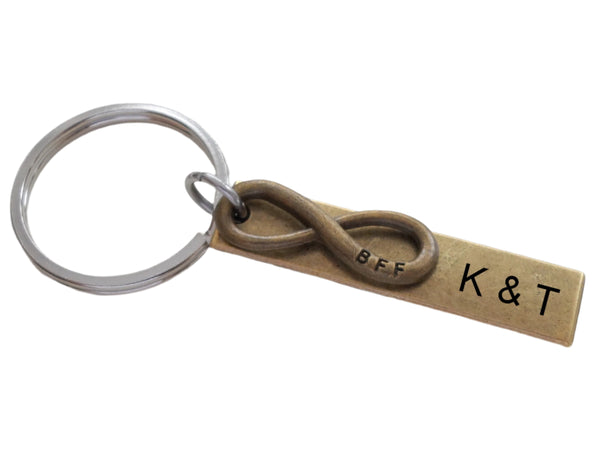 Bronze Small BFF Infinity Symbol Keychain with Custom Engraved Tag, Best Friends Forever- You and Me for Infinity; Couples Keychain