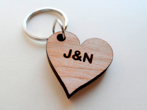 Personalized Wood Heart Keychain Custom Engraved; 5 Year Anniversary Couples Keychain