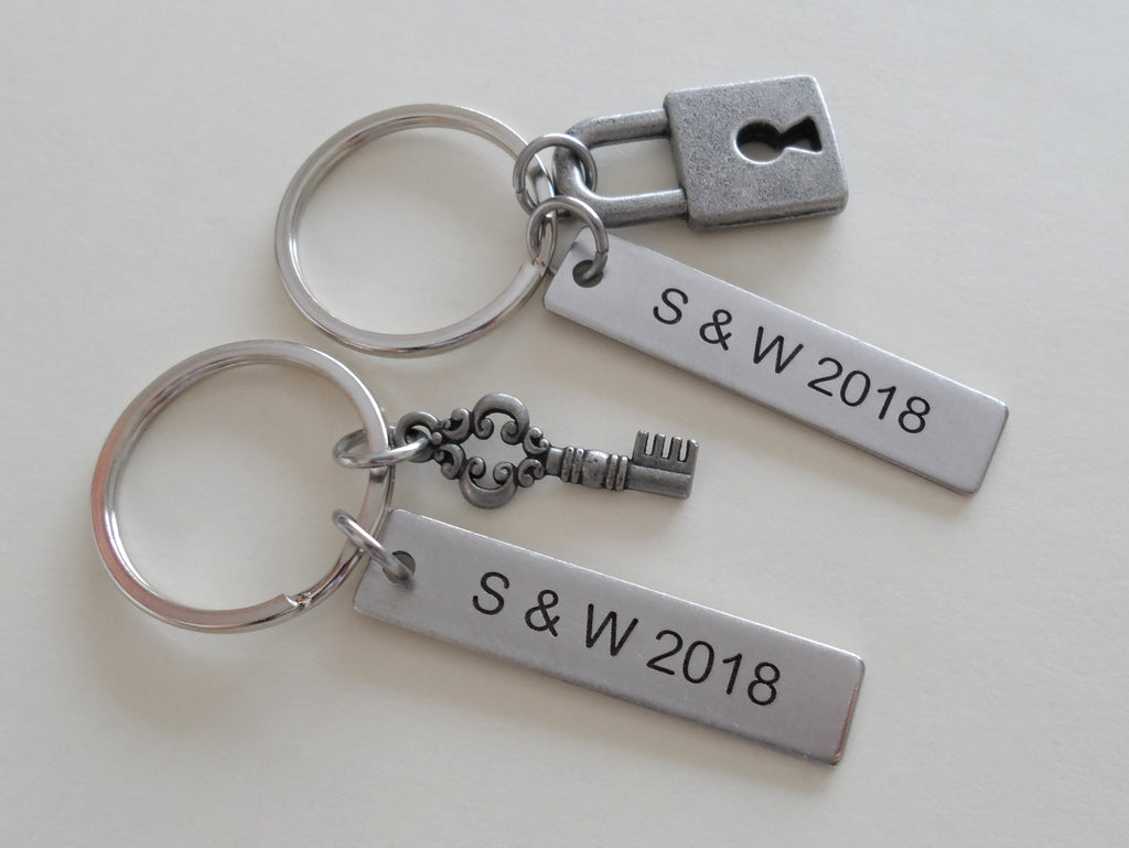 Custom Engraved Tag Keychains with Lock and Key Charms - You've Got the Key to My Heart; Couples Keychain Set